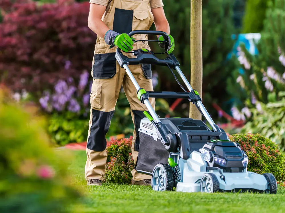 Paysagiste professionnel en train de tondre la pelouse avec une tondeuse manuelle